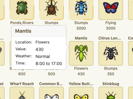 Image of the critter tracker grid view and tooltip.